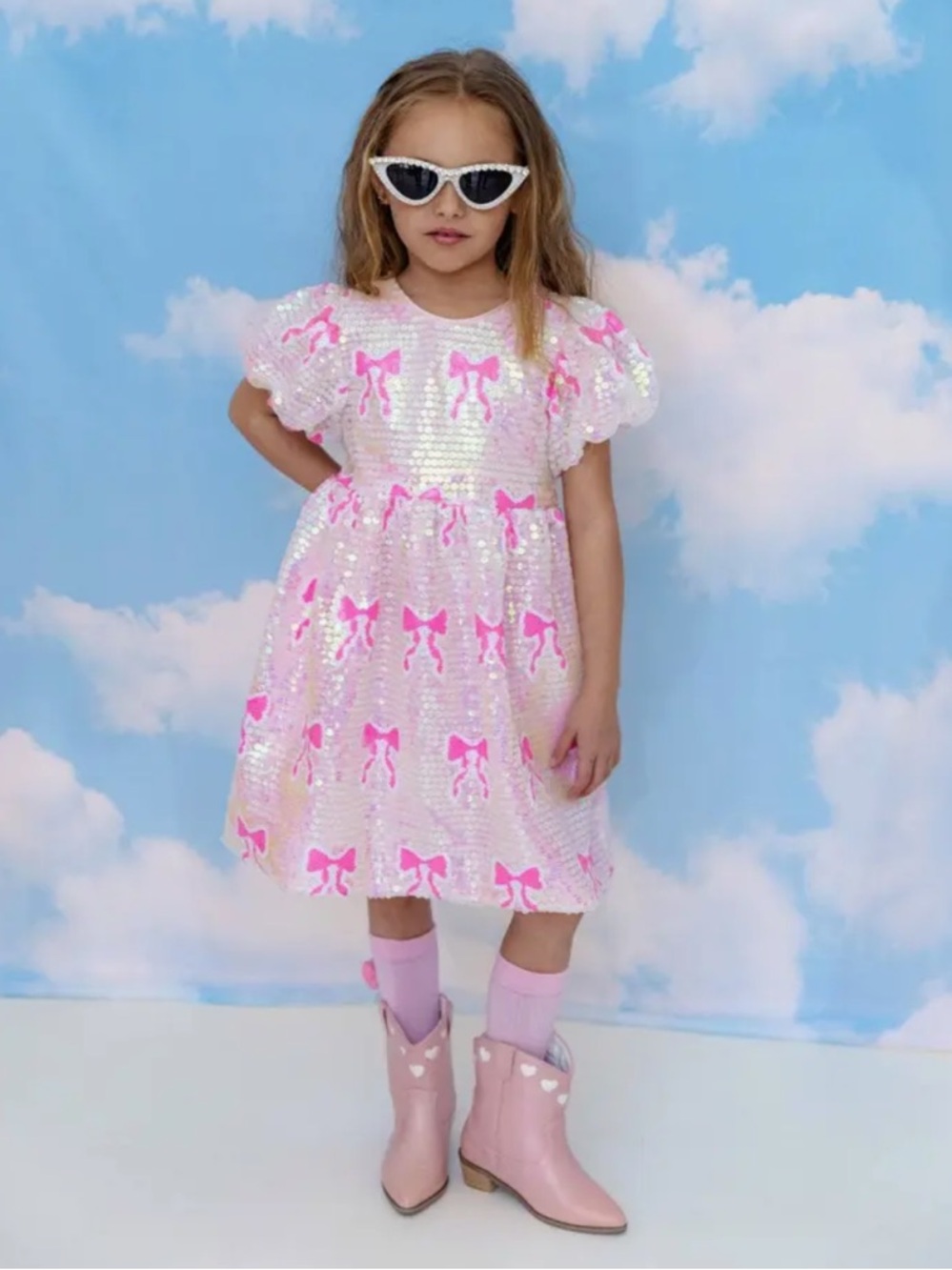 Lola + the Boys Pink Sequin Party Dress with Shimmering Bow Detail $68 size 5